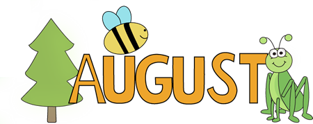 August clip art with bumblebee, grasshopper and a tree