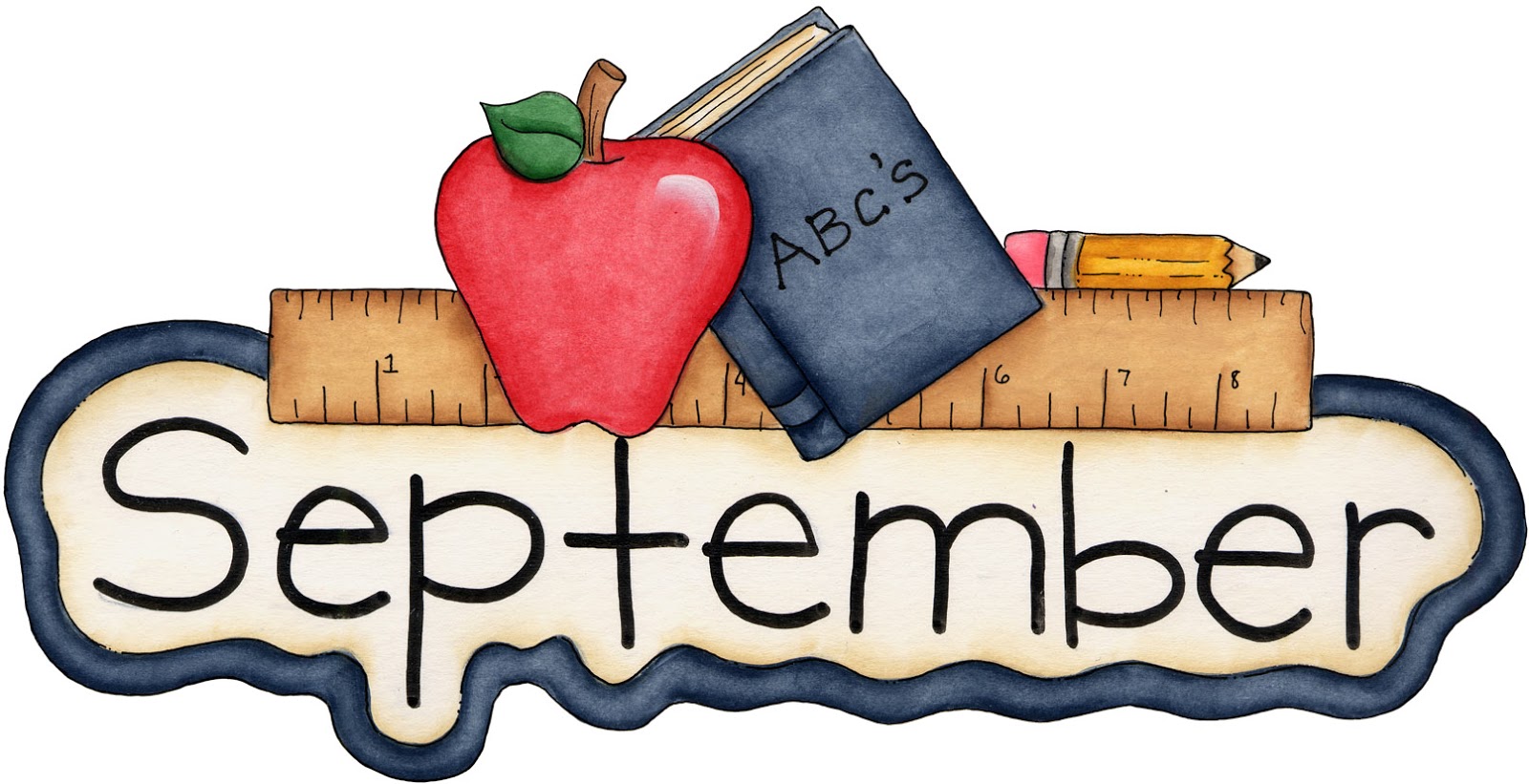 September clip art with apple, book and ruler