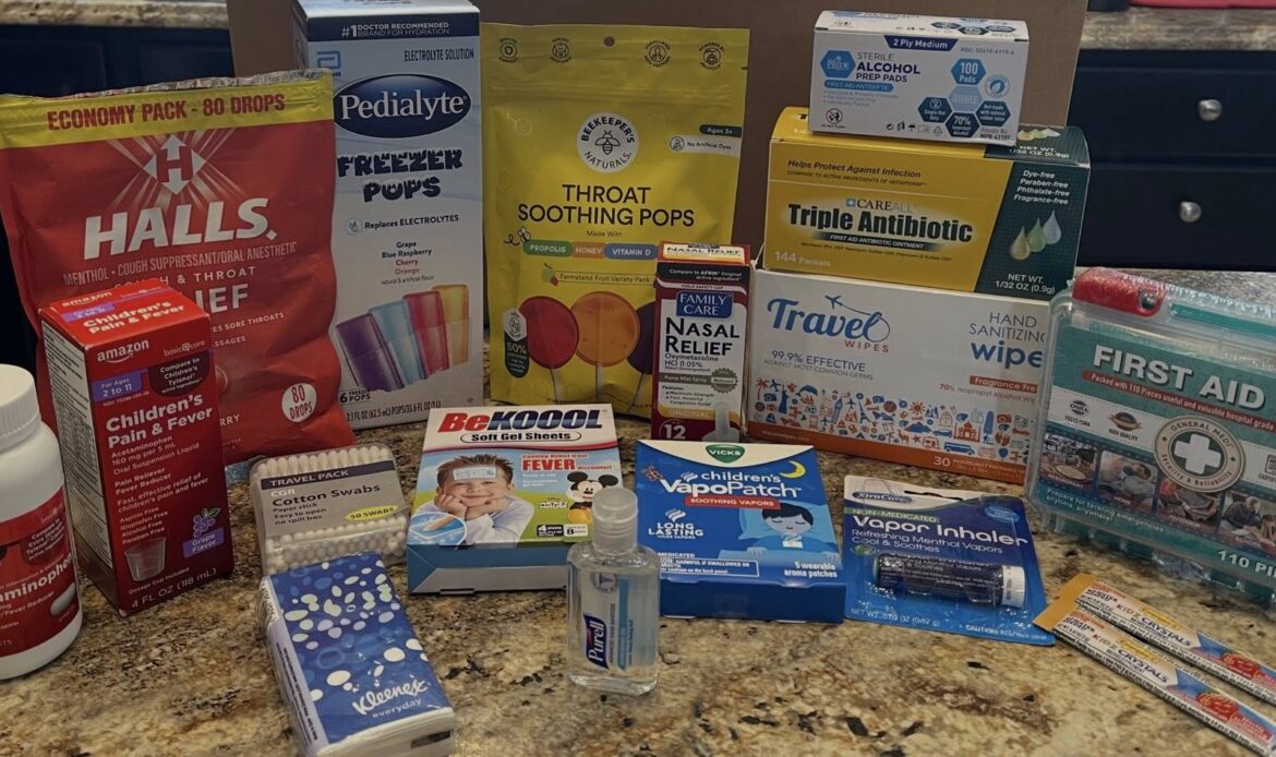 Variety of wellness products including first aid kit, cough drops, and more