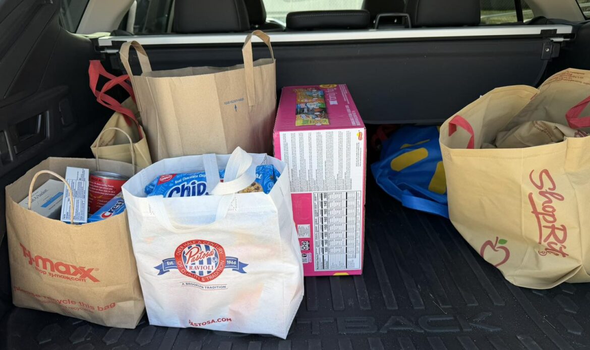 image of trunk with grocery bags filled with food.