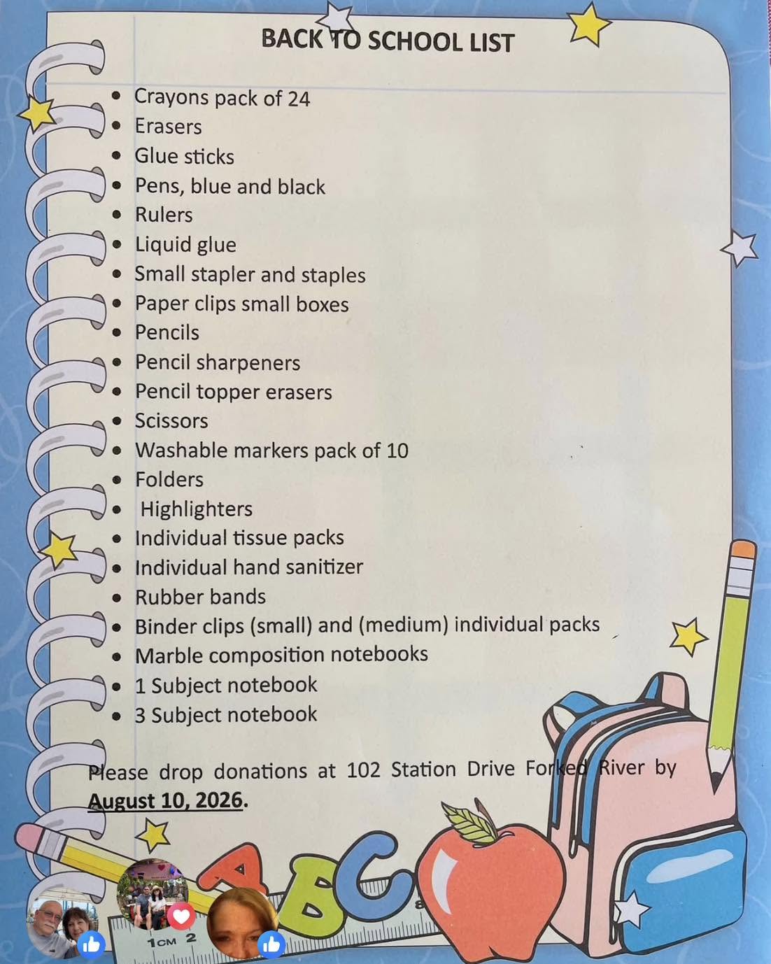 Sheet of paper with a list of Back to School supplies needed for the LFB Kids program