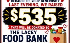 poster showing that the Band white rabbit raised $535 for the lacey food bank